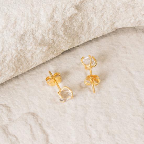 Herkimer Diamond Earrings - Fine handmade stud crafted around a raw Herkimer Diamond. Each Herkimer Diamond is left in its natural raw state with their own unique shape. Finely handcrafted brass, plated with the finest 18K gold plating.